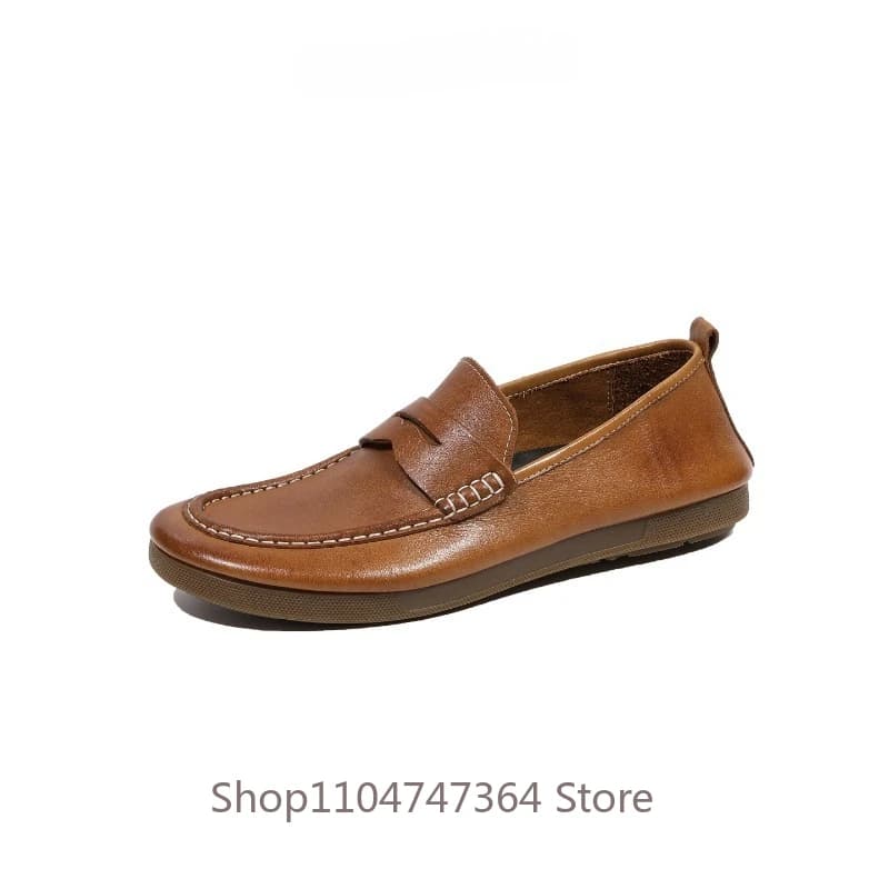 Mocassini da Uomo Stile Britannico, Scarpe Casual Slip-on con Suola Morbida, Cuciture Artigianali, in Vera Pelle, Estive, da Guida, Modello Flat