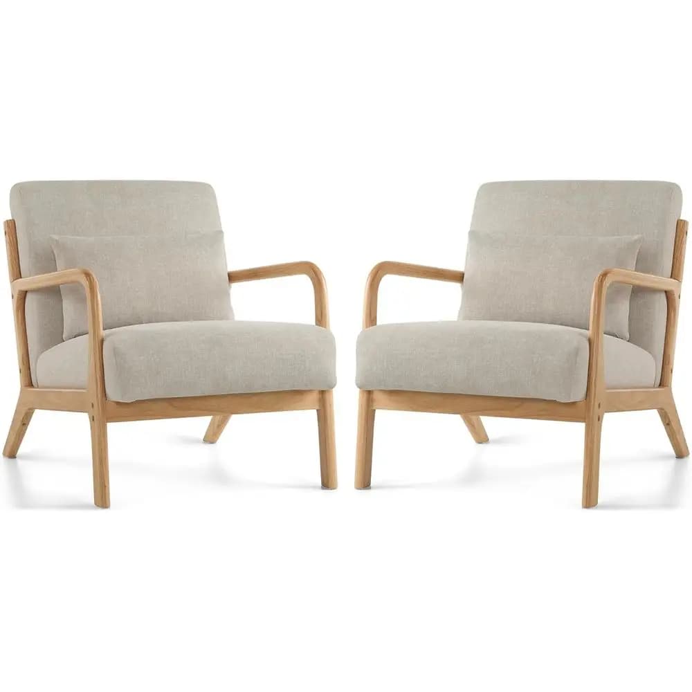 Set di 2 Poltrone Imbottite, Grigie, per Soggiorno, Camera da Letto o Piccoli Spazi, con Cuscini Lombari e Struttura in Legno Massello