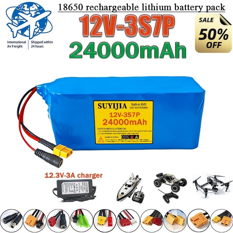 Batteria al litio ricaricabile 12V 3S7P 18650 da 24000mAh con scheda di protezione BMS integrata per auto telecomandate, droni e barche da pesca