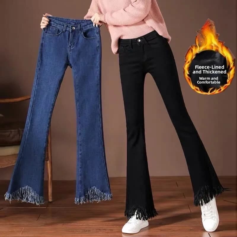 Fleece Lined High Waist Bell Bottom Denim Jeans Women's Small Size 150 Korean Style Slimming Loose Warm Tassel Nine Point Pants
