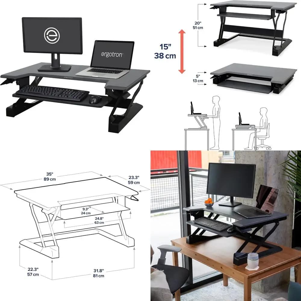 Sit-Stand desk stand for double monitor, 35 wide, black, adjustable desk converter for tables