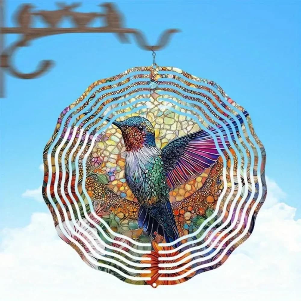 Hummingbird Glass Wind Spinner Home Decor, Kinetic Wind Chime with Floral Motifs, Indoor Wind-powered Automatic Spinner