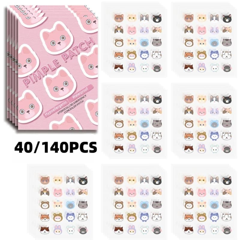 40/140 PCS Cute Cartoon Cat Hydrocolloid Acne Pimple Patches,Invisible Waterproof Breathable Blemish Spot Cover Patches for Face