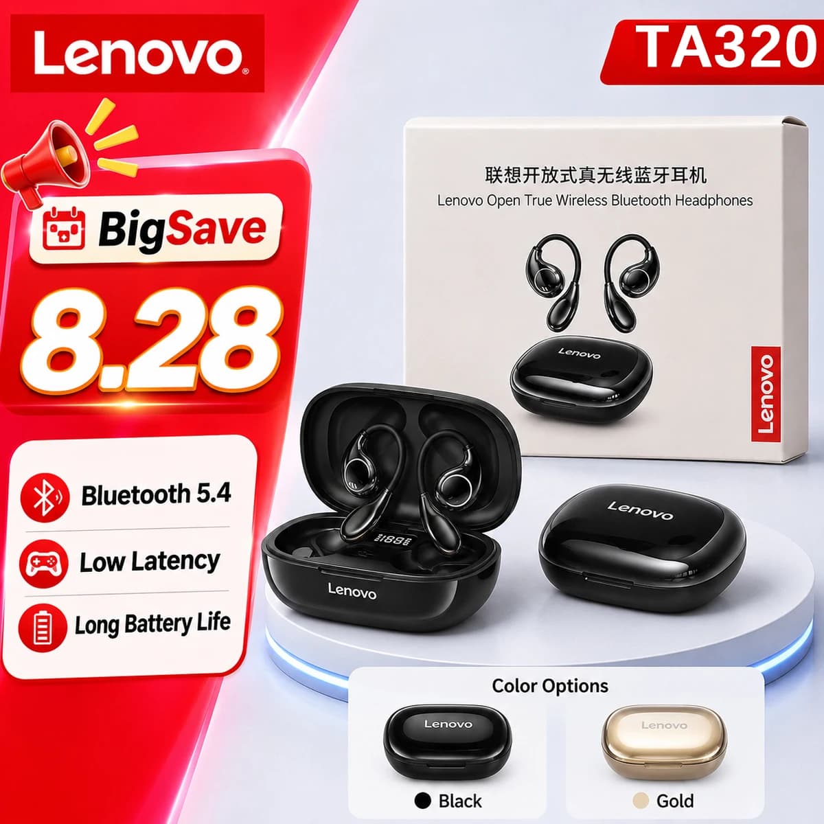 Choice Lenovo TA320 Bluetooth 5.4 Wireless Earbuds Low Latency Gaming Earphones Ear Hooks TWS Headphones Sport Headset with Mic