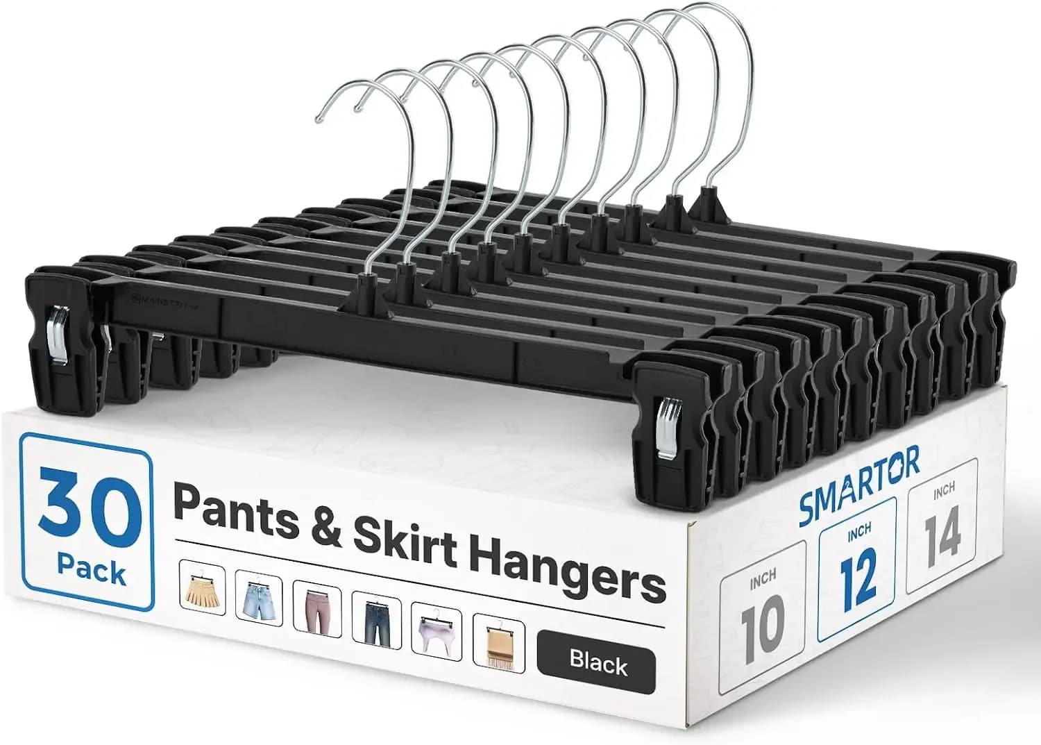 Pants Hangers - 30 Pack, Black Clips Hangers with 360° Hooks, Shorts Hanger with Strong Clamps, Dress, Heavy Duty as Trousers, Skirt, Jeans, Towel and Bottom Clothes -12 Inch