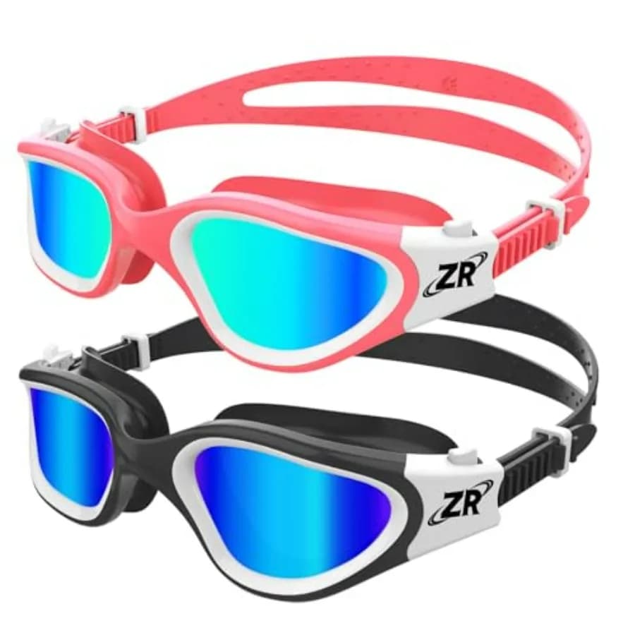 swim goggles for pool and beach use, polycarbonate lens with UV protection, blue and pink color options, anti-fog and leak-proo