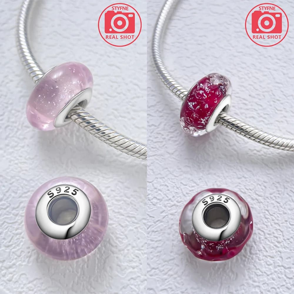 925 Sterling Silver Pink Blue Certified Glass Charm Beads Compatible Bracelet DIY Women Jewelry Making Supplies