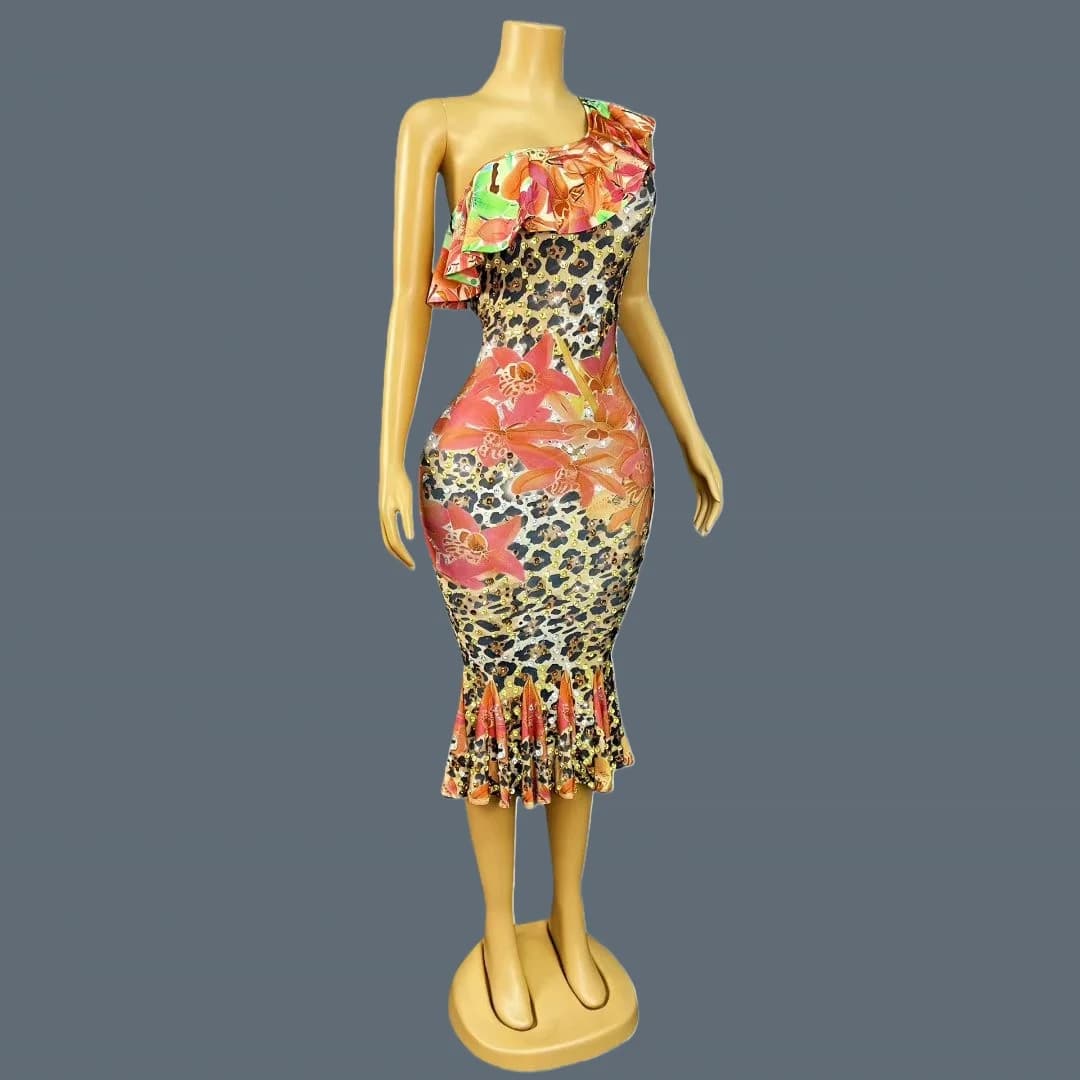 Abito da cocktail con stampa leopardata a fiori Abito con volant con spalle scoperte Abito elegante da donna per compleanno, festa di nozze, abito alla moda Heyebao