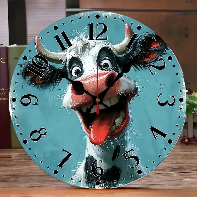 Orologio da parete silenzioso rotondo in legno con design creativo a forma di mucca, adatto per soggiorno, ufficio, studio, camera da letto, decorazione domestica