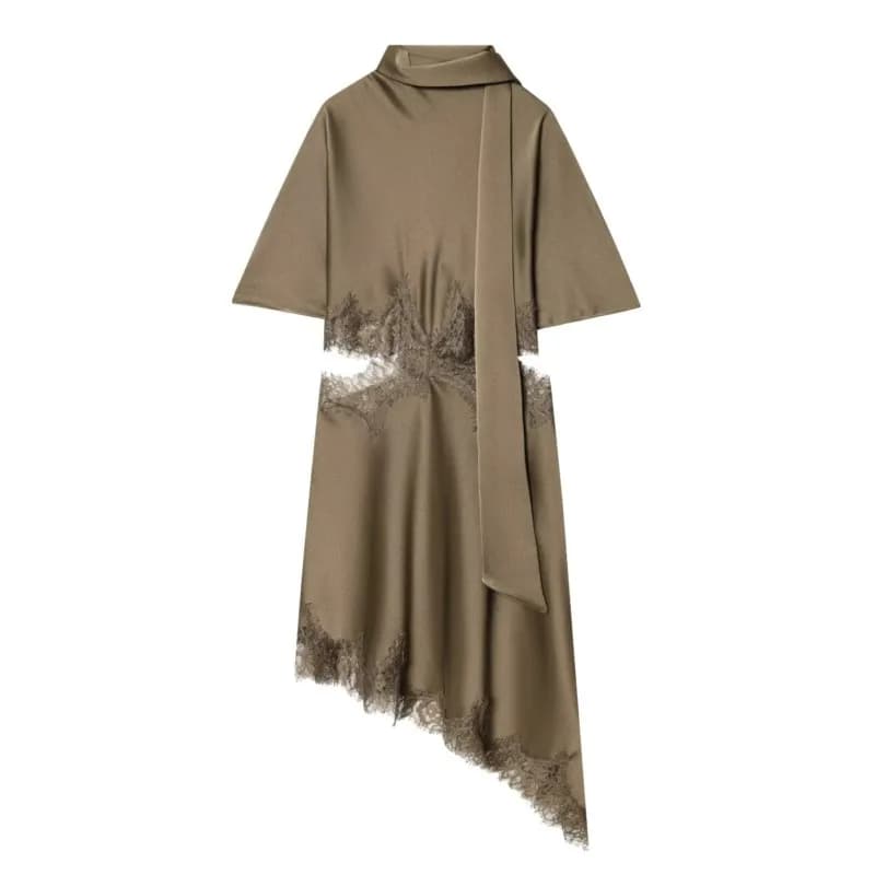 Abito Asimmetrico da Donna con Collo a Sciarpa, Maniche Corte Estive, Design con Apertura in Pizzo in Vita, Abiti Casual Femminili alla Moda per le Vacanze