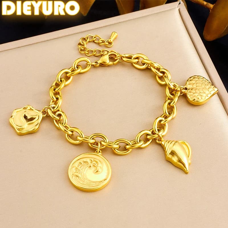 DIEYURO 316L Acciaio Inossidabile Conchiglia Dorata Cuore Onde Bracciale Per Le Donne di Tendenza Nuovo Classico Catena Da Polso Gioielli Regalo di Festa
