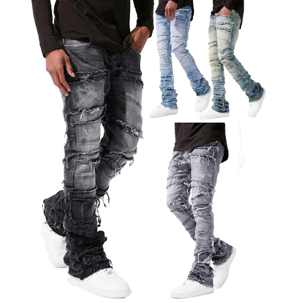 Men's Straight Leg Jeans Fashionable Streetwear Elastic Patchwork Denim mid Waist Zipper Fly Casual All Seasons Slim Fit