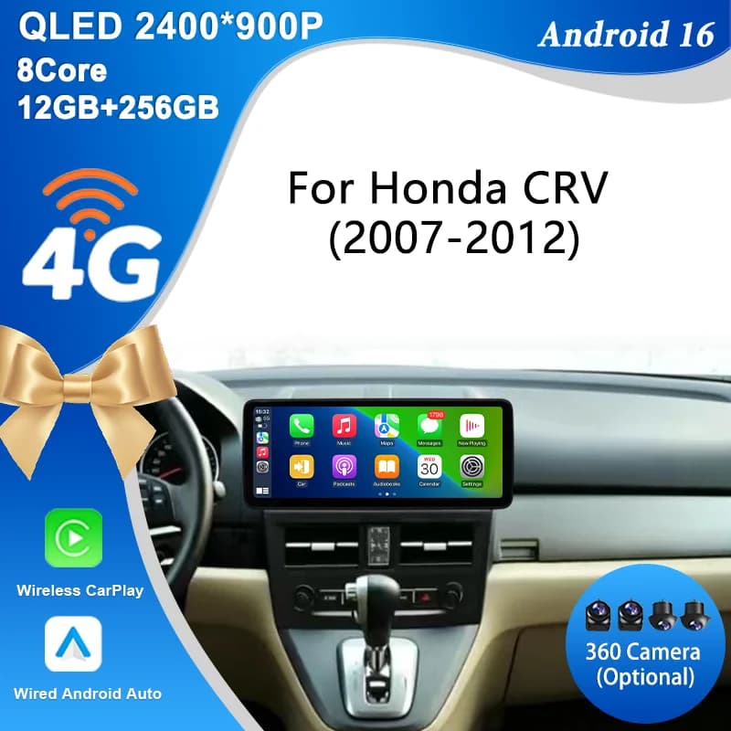 Per Honda CRV 2007-2012, sistema Android 16 da 12.3 pollici con CarPlay, GPS, navigatore, Bluetooth, Wi-Fi, schermo touch IPS, DSP, lettore stereo, Full HD, QLED, sistema intelligente.