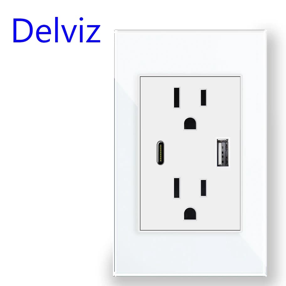 Presa USB standard americana Delviz, porta USBA+USBC 5V 2A, pannello 120mm*72mm, presa elettrica 15A, porta caricabatterie tipo C incorporata a parete