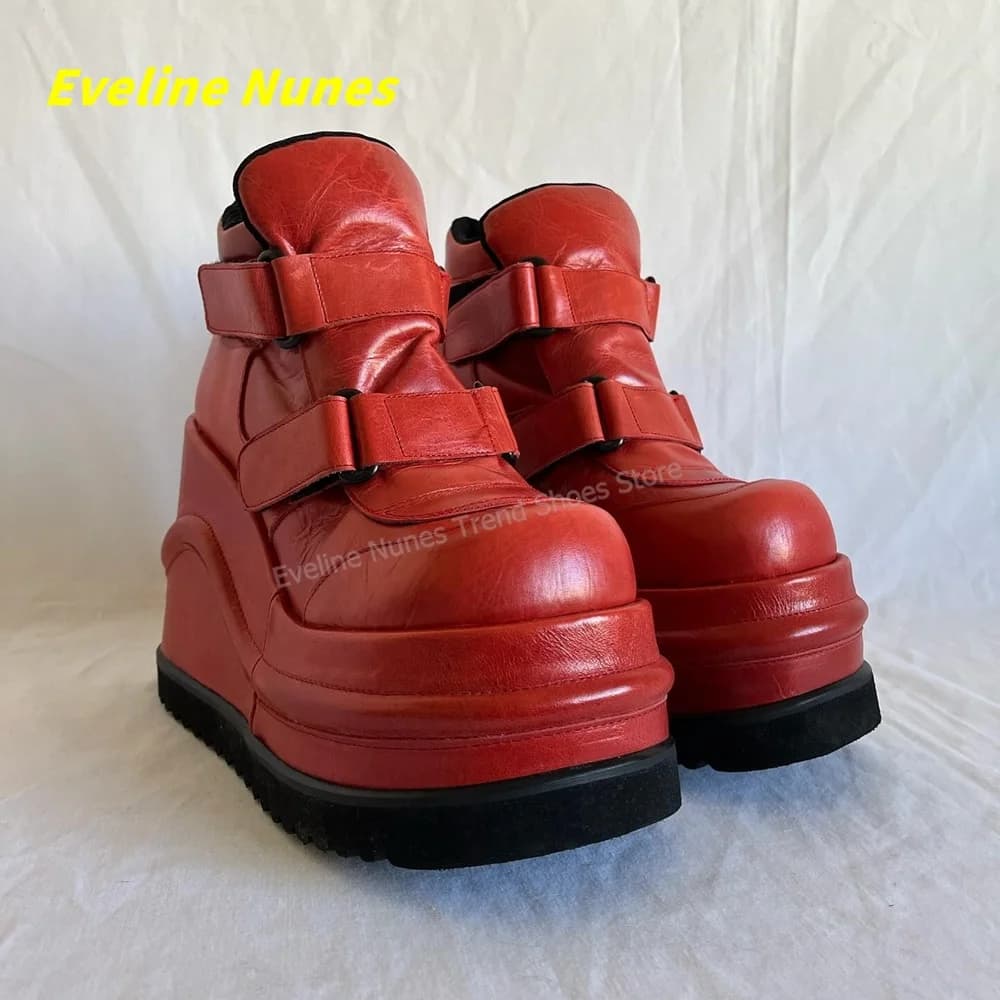 Y2K Gothic Red Wedge Platform Boots Women Round Toe Double Buckle Strap Super Thick Sole Punk Dark Street Style Ankle Footwear