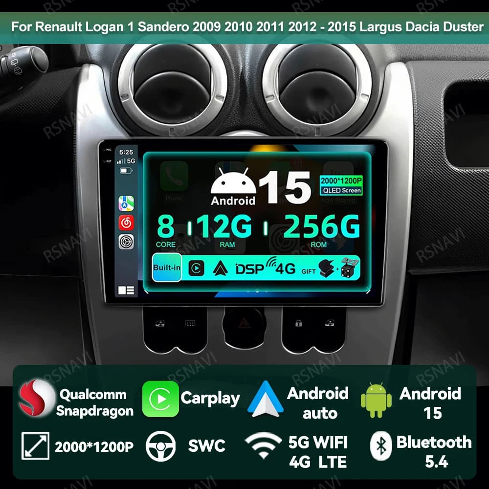 Autoradio Android 15 For Renault Logan 1 Sandero 2009 2010 2011 2012 - 2015 Largus Dacia Duster Autoradio 5G WIFI Multimedia BT