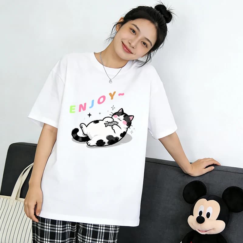 Nuova T-shirt Oversize con Grafica Gatto Kawaii 2026 da Donna, Maglietta Estiva Casual Streetwear