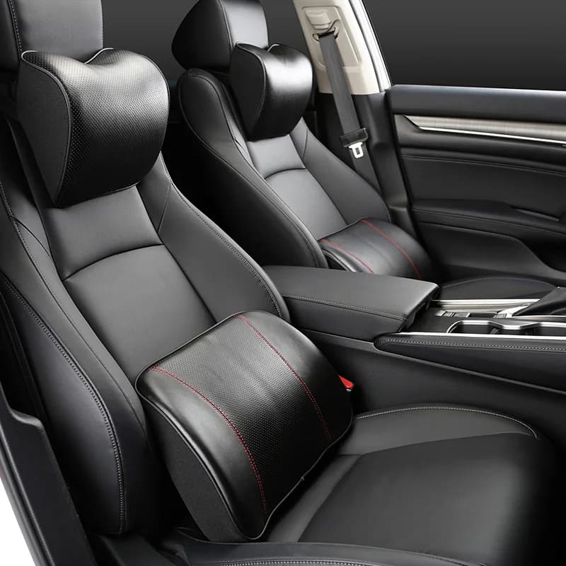 Set di cuscini per il collo dell'auto in vera pelle Memory Foam Sedile posteriore automatico Poggiatesta posteriore Supporti lombari Accessori per fodere per cuscini da viaggio
