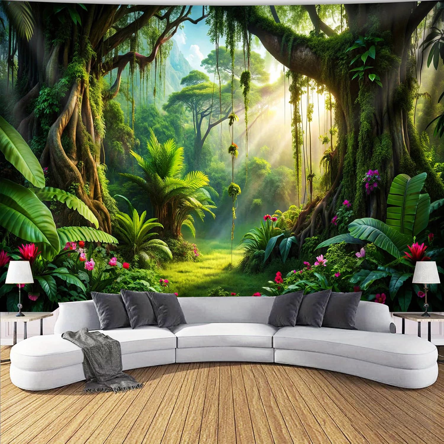 Lush Jungle Forest Sunlight Tapestry NatureScenery Wall DecorTropical Plants Greenery Indoor GardenAmbiance Relaxing Environment