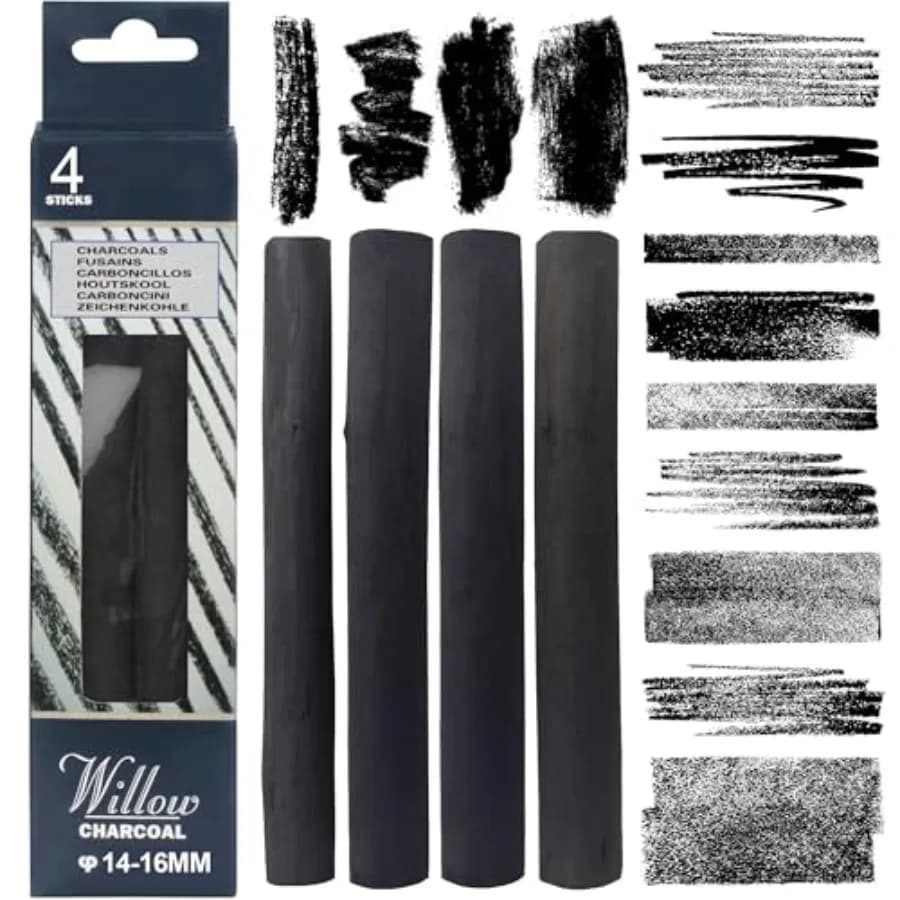 Willow Charcoal Sticks, 14-16MM Jumbo Willow Charcoal Pencils for Artists, Beginners, Students, 4 Pcs Natural Charcoal Stick fo