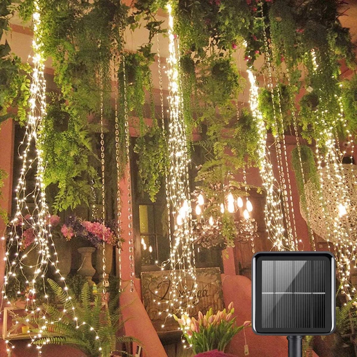 Pop 1PACK Luci a stringa ad energia solare 200 LED Luci a cascata Stringa di vite impermeabile Luce fata per giardino esterno Natale D