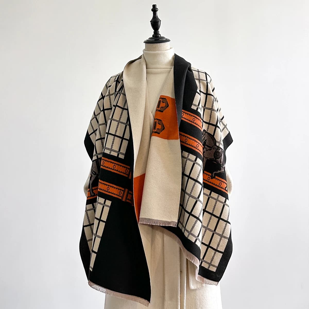 New Luxury Horse Print Scarf Women Winter Warmer Pashmina Scarves Two-Sided check Shawls Female Thick Blanket Wraps Foulard 2025