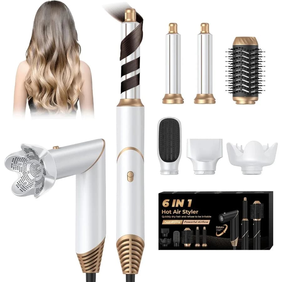 6 in 1 folding hair dryer brush with wrapper to dry, curl, volumize, smooth, detachable air styler in black