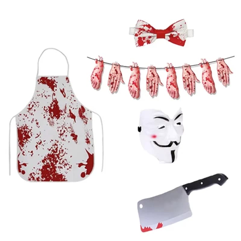PESENAR Halloween Horror Butcher Set with Blood Macchie Simulation + Fun Accessories, Bloody Apron, Kitchen Knife, Costume