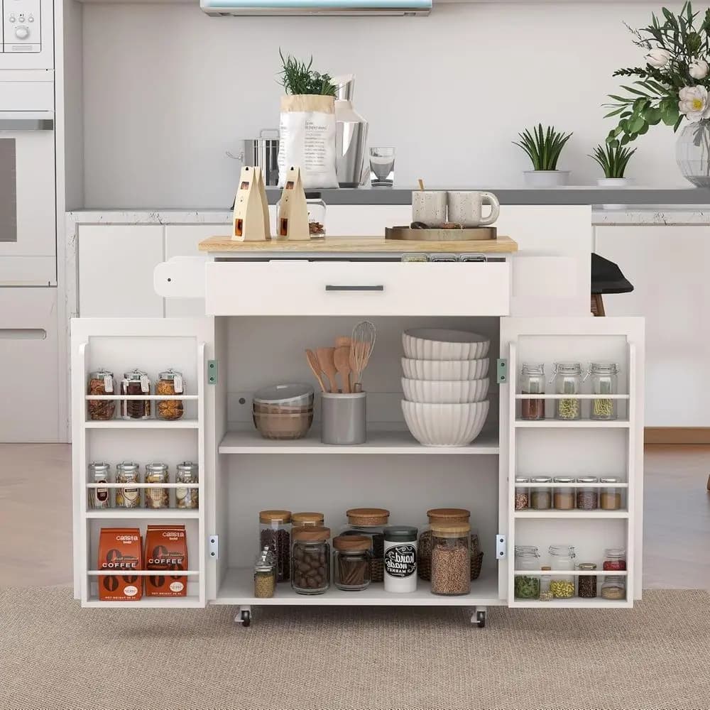 Rolling Kitchen Trolley Cart with Storage Racks, Adjustable Shelves, Towel Bar, Seasoning Rack, and Rubber Wood Top