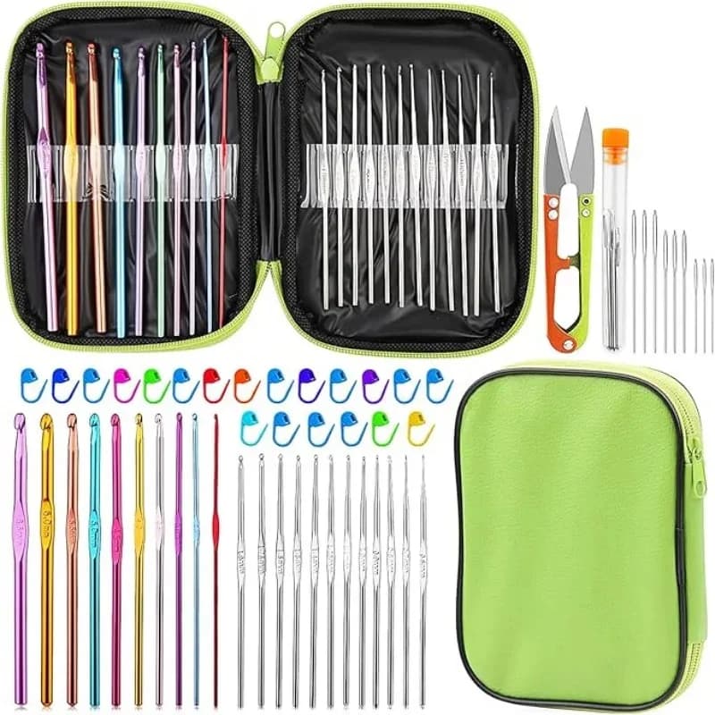 Set di 54 Aghi per Uncinetto, Ferri da Maglia, Aghi Smussati, Kit con Marcapunti e Custodia, Strumenti per Lavoro a Maglia Fai-da-Te