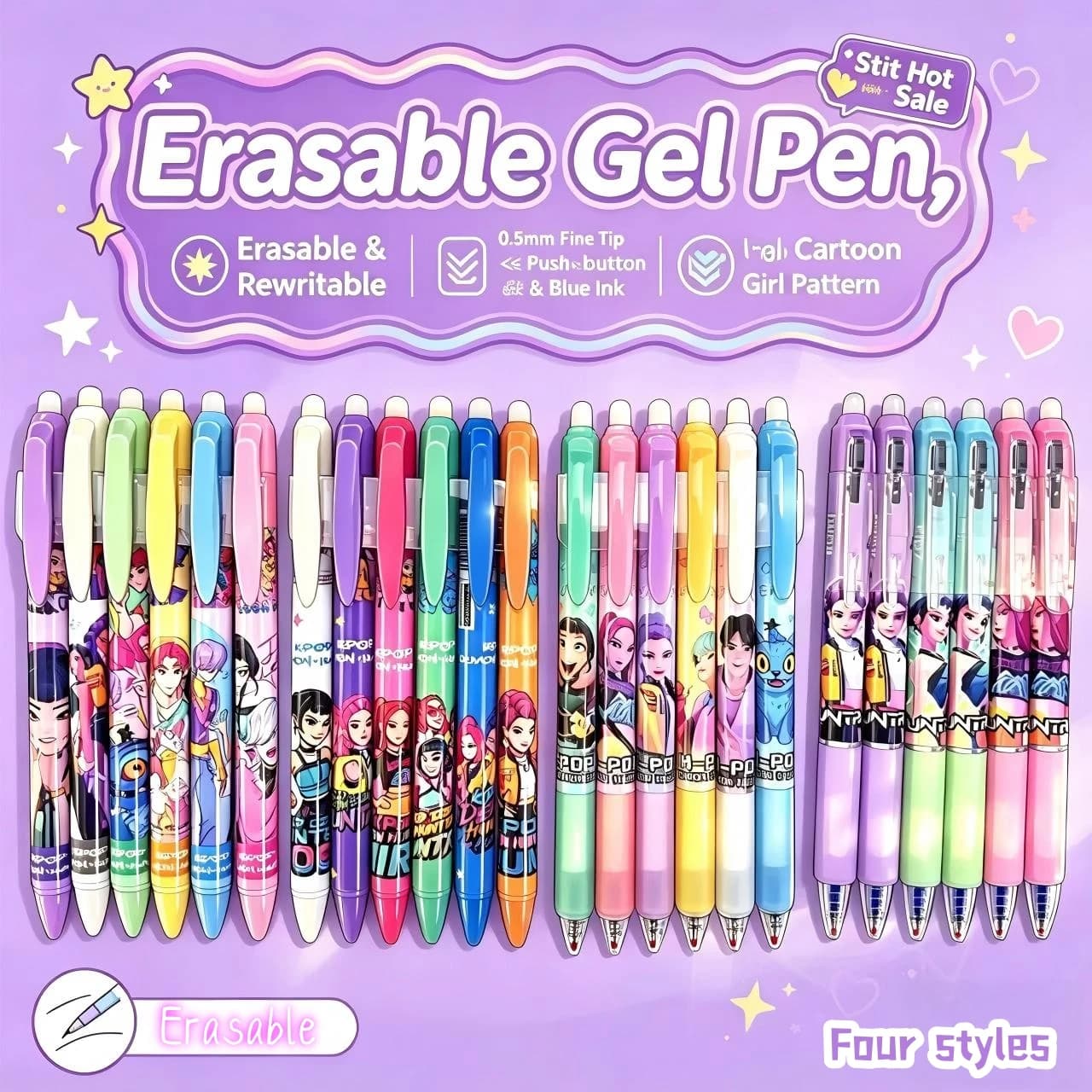 Anime Hunters Gilrs Lumi Mila Zoi K-pop Theme Erasable Pens 0.5mm Black Blue Press Type Gel Pen School Office Stationery Gift