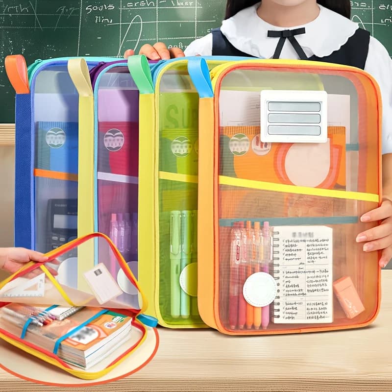 Cartelle Portadocumenti a Quattro Strati, Borsa Portaoggetti in Rete, Organizer Trasparente Colorato di Grande Capacità