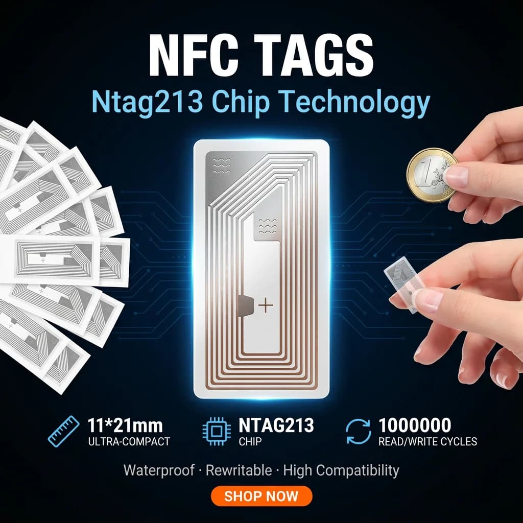 Etichetta adesiva NFC da 11 * 21 mm Chip adesivo NTAG213 Etichetta RFID trasparente riscrivibile Memoria da 144 byte per applicazioni NFC