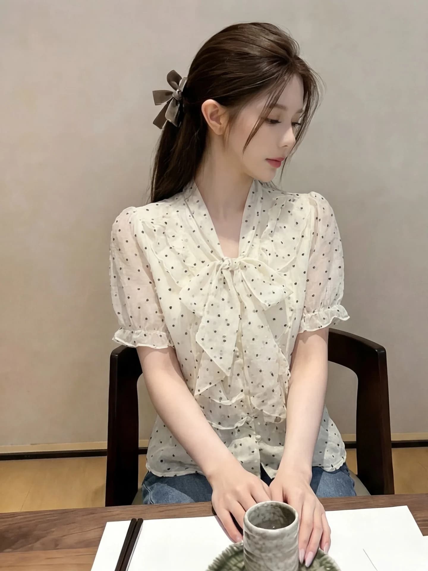 Elegant Polka Dot Heart Shaped Chiffon Blouse Women's Summer New Bright Thread Netting Sash V-Neck Top Fashionable Loose Fit