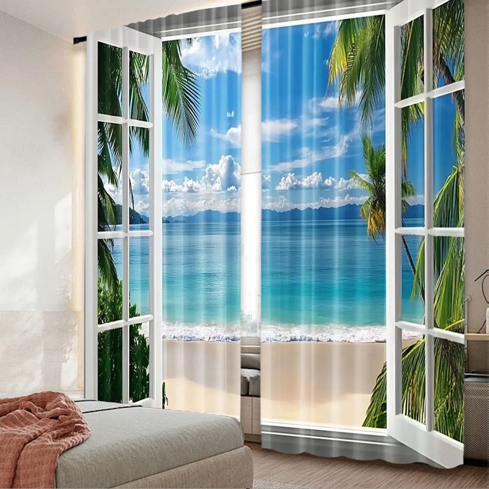 2 tende con motivo spiaggia costiera chic, adatte per camera da letto, bagno, soggiorno, sala da pranzo, sala studio, ufficio A