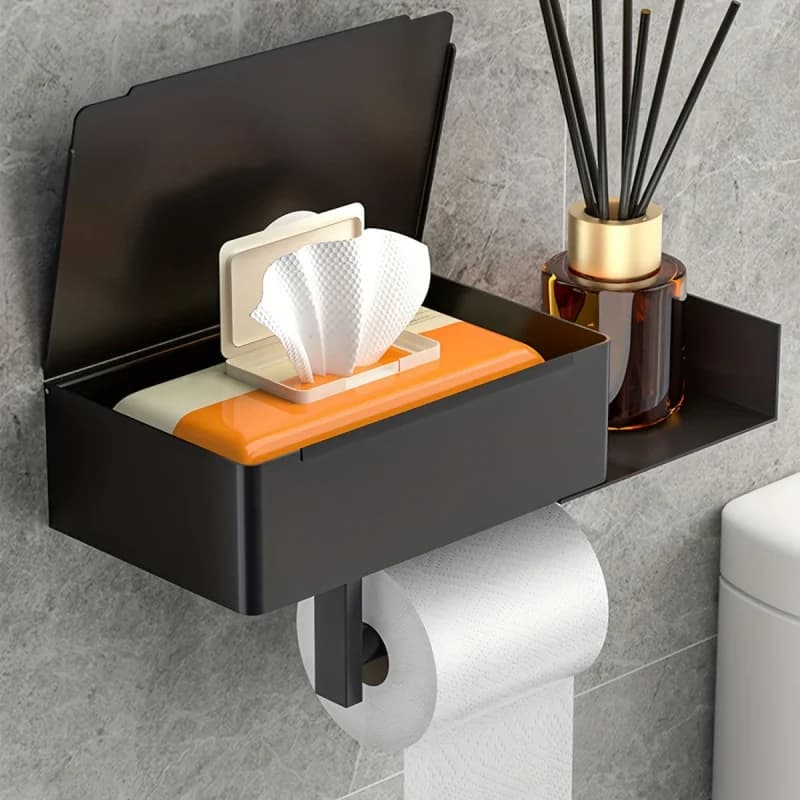 Porta carta igienica a parete in acciaio inossidabile con dispenser per salviette usa e getta. Organizer da bagno moderno rettangolare nero