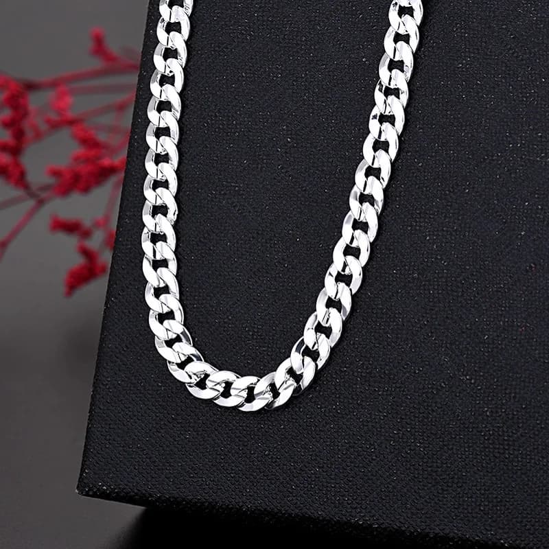 Korean Fashion 925 Sterling Silver Classic 7mm Cuban Chain Necklace For Women Men Concave Sideways Wedding Engagement Jewelry