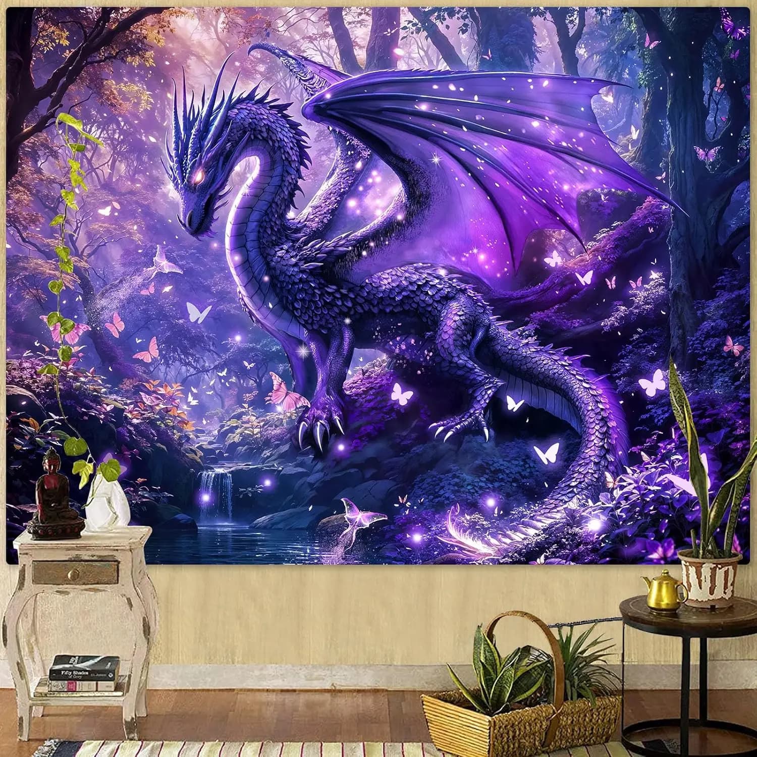 Purple Winged Dragon Tapestry, Enchanted Forest Butterfly Waterfall Mythical Beast Fantasy Wall Cloth For Bedroom Decor