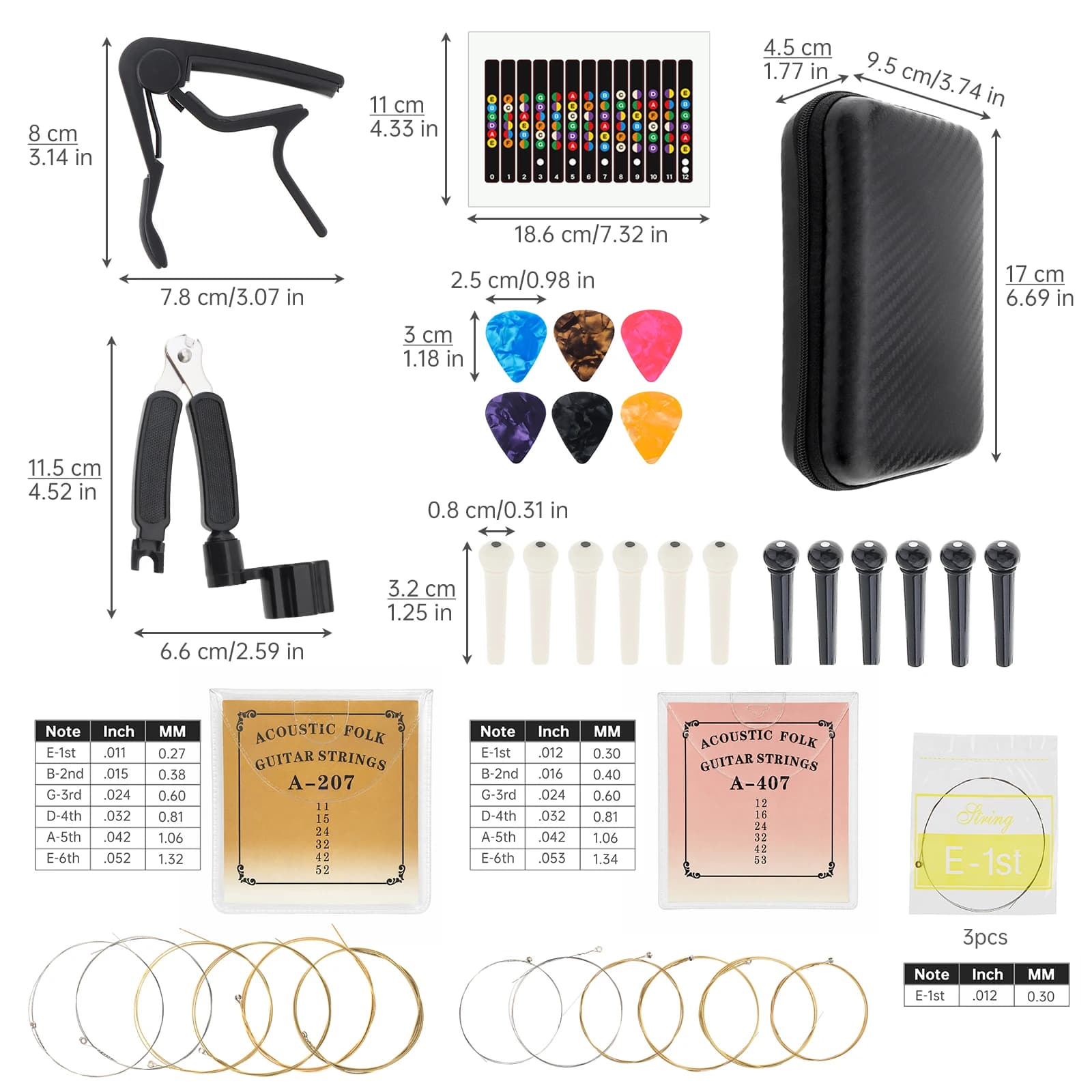 Acoustic Guitar Maintenance Repair Tools with Strings Picks Capo Bridge Pins String Changing Tool Storage Case Guitar Parts Set