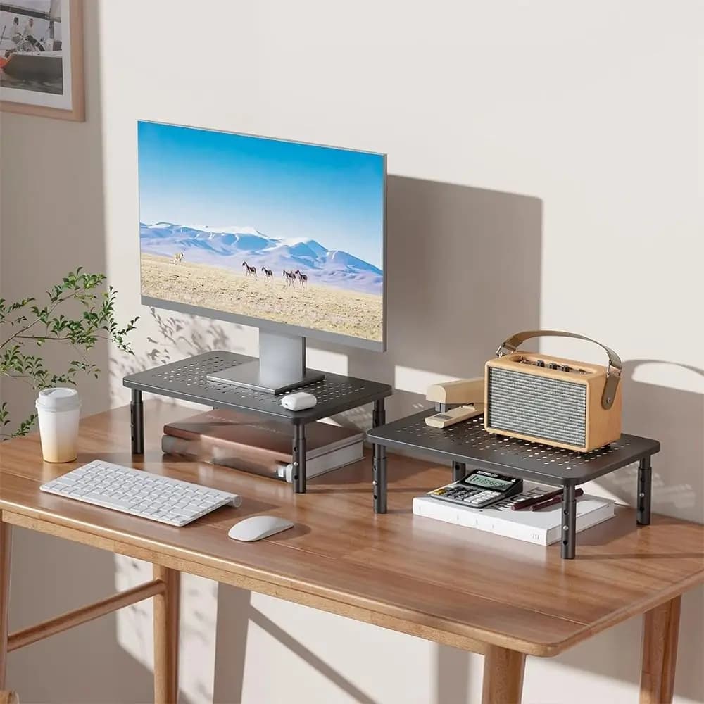 Supporto per Monitor Regolabile in Altezza, 3 Livelli, in Metallo, Portatile, con Cassetto Portaoggetti, Aumenta l'Altezza