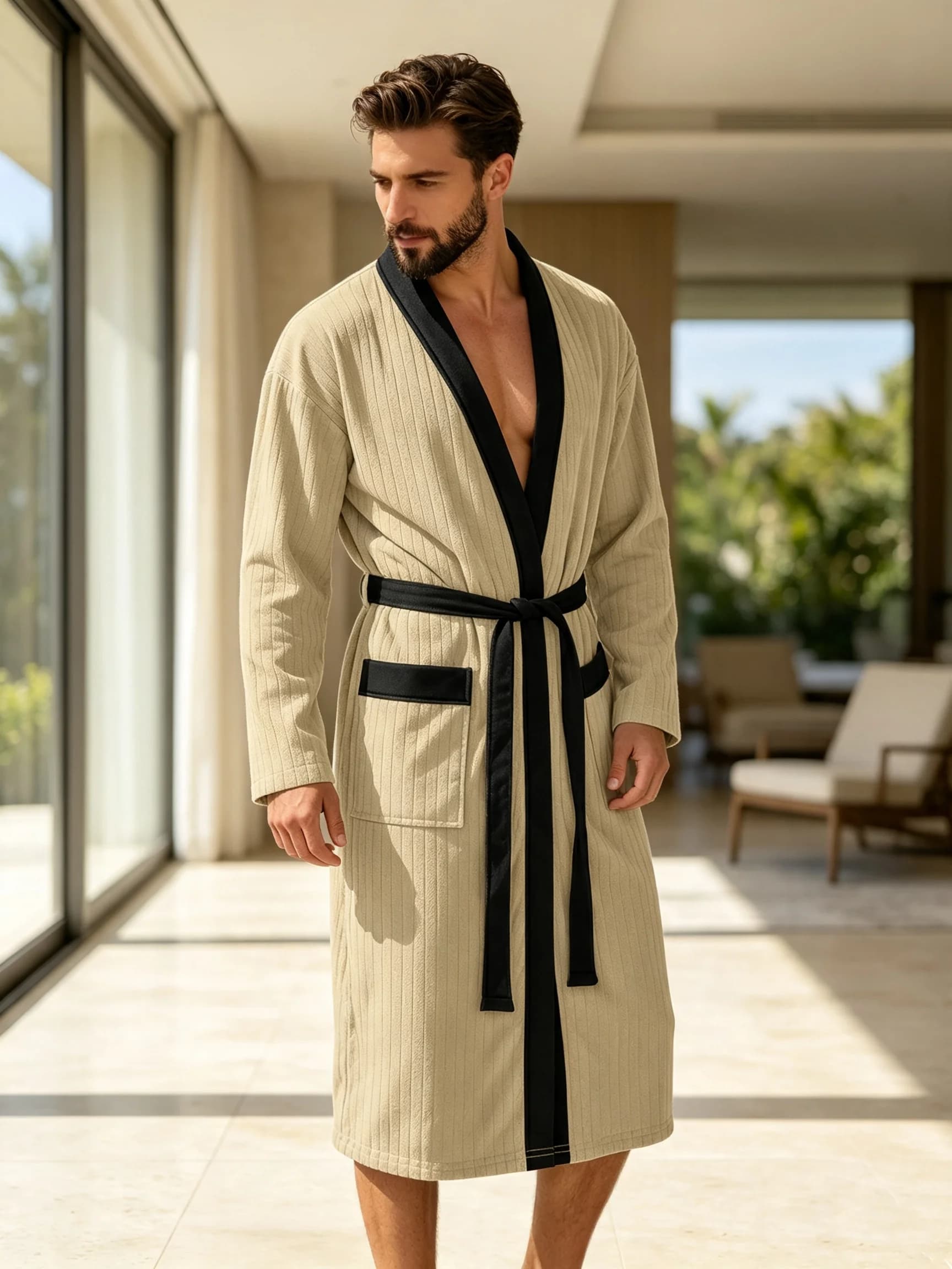 Men Bathrobe Vertical Striped Kimono Robe Long Sleeve Belted Bath Gown With Pocket Loose Lounge Nightwear Home Spa Sleep Robe
