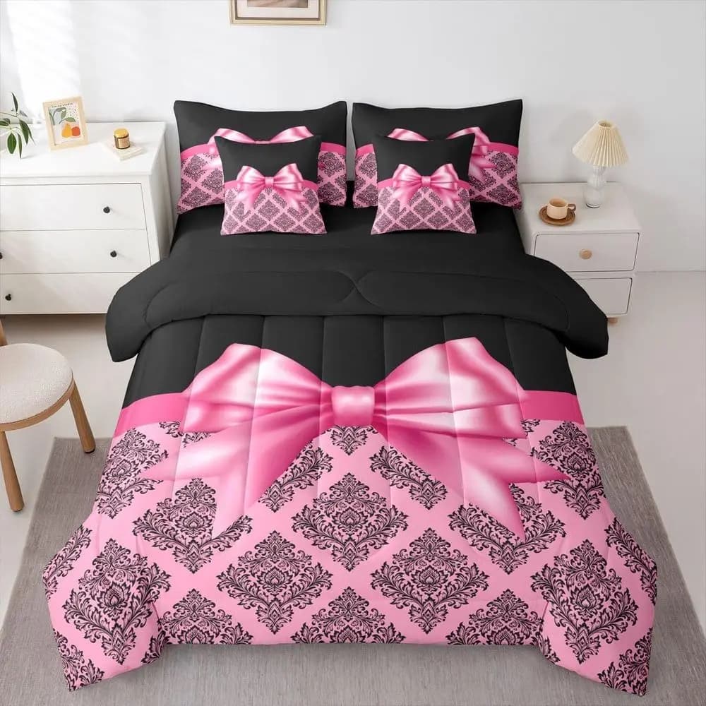 Set di Biancheria da Letto in Damasco a 7 Pezzi con Lenzuola, Grazioso Set Letto in Borsa per Bambini, Piumino Leggero Nero e Rosa