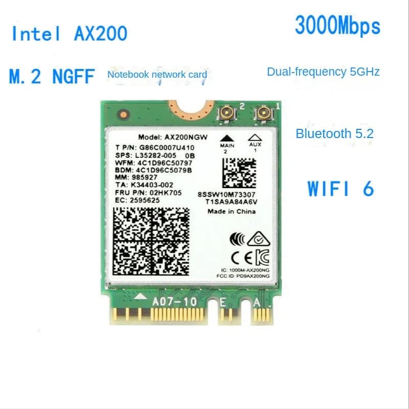 Scheda wireless WiFi 6 Dual Band 3000Mbps per Intel AX200 M.2 Bluetooth 5.2 2.4G/5Ghz 802.11ac/ax AX200NGW Antenna adattatore Wi-Fi
