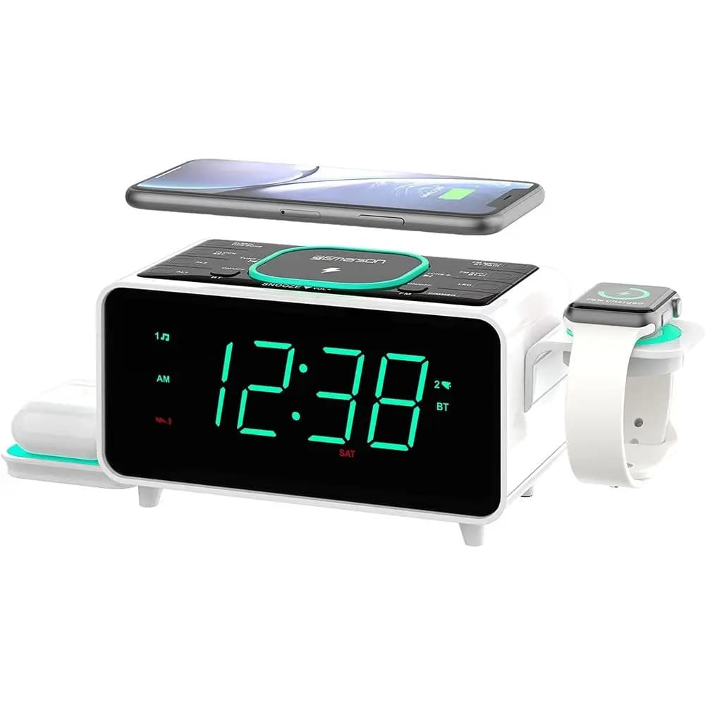Radio Sveglia Doppia con Ricarica Wireless, Altoparlante Bluetooth, Ricarica Rapida per AirPods/iPhone, Supporto Portatile, Porta USB, Adattatore