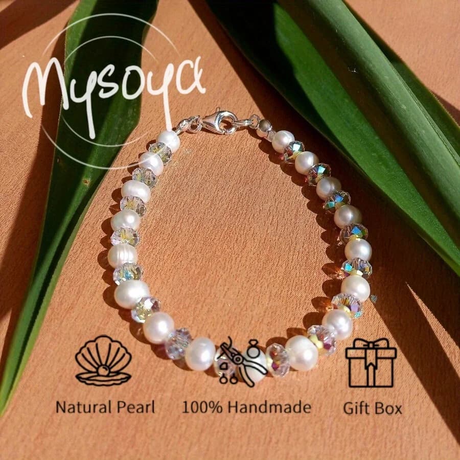 Mysoya Bracelet with 7-8 mm pink fresh water pearls with gift box for him/her, suitable for birthday gift, wedding, Valentine's Day