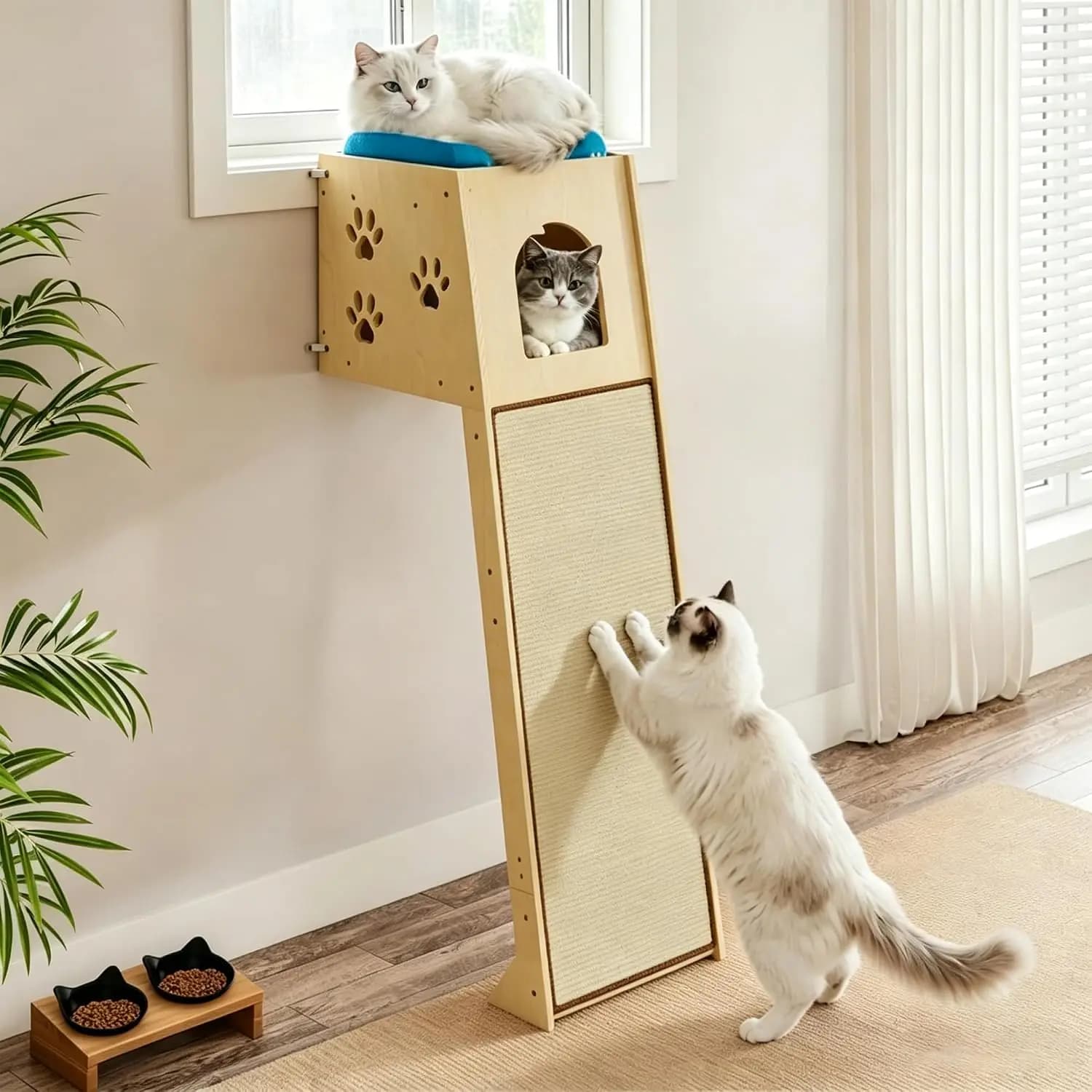 Wall Mounted Cat Tree with Detachable Sisal Scratcher Ramp, Wooden Cat Cave House with Top Bed & 2 Washable Cushions, Space-Savi