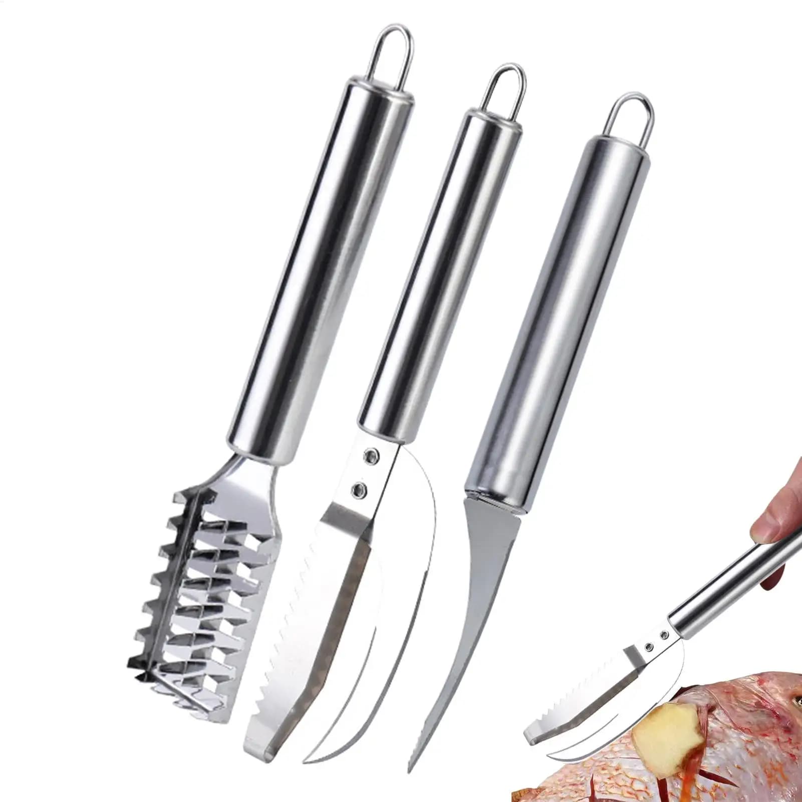 Knife to remove fish scales, tool to clean shrimps, fish skin brush, pliers, kitchen accessories