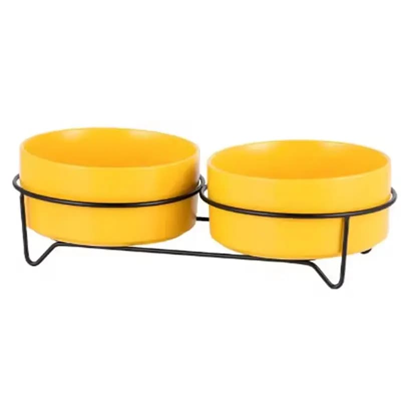 AS60-Dog Cat Elevated Food Water Bowls Stand Feeders Large Capacity Pet Drinking Supplies Yellow 400Ml