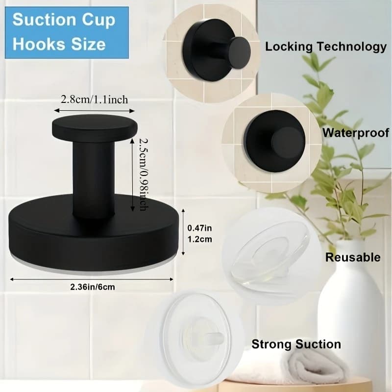 2pcs Strong Suction Cup Hooks, Ideal for Shower, Bathroom & Kitchen - No-Drill Wall Mounted Towel Holder with Vacuum Technology