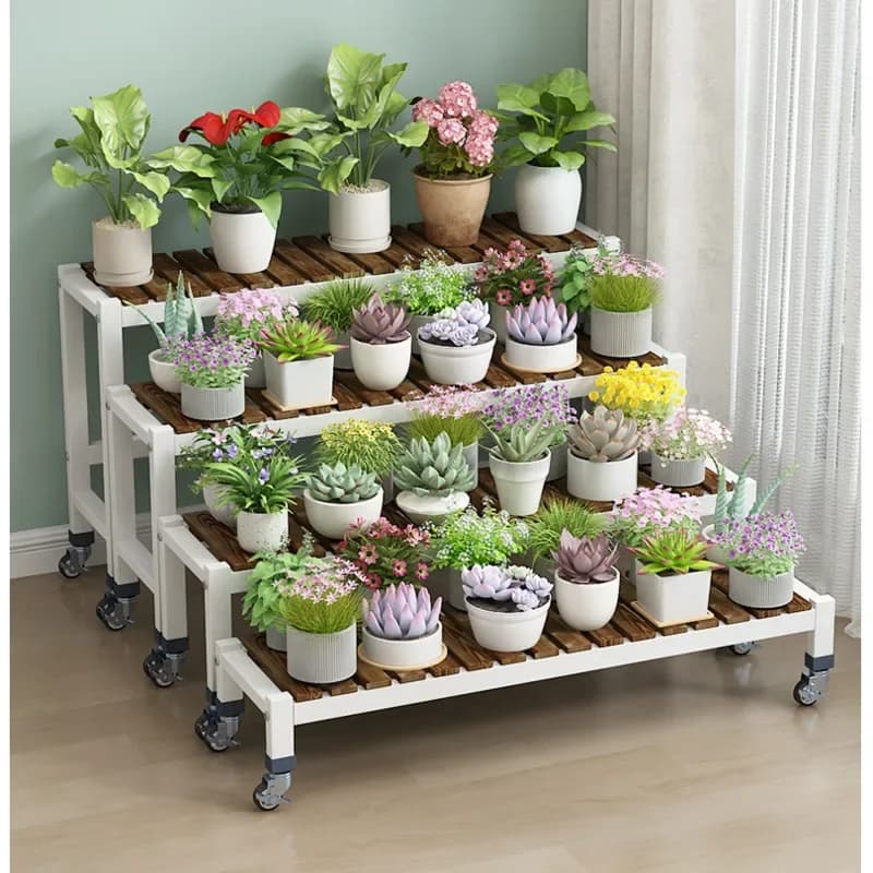 Portafiori in ferro artistico, comodo supporto per piante con ruote, vaso da fiori lungo multistrato, soggiorno, balcone